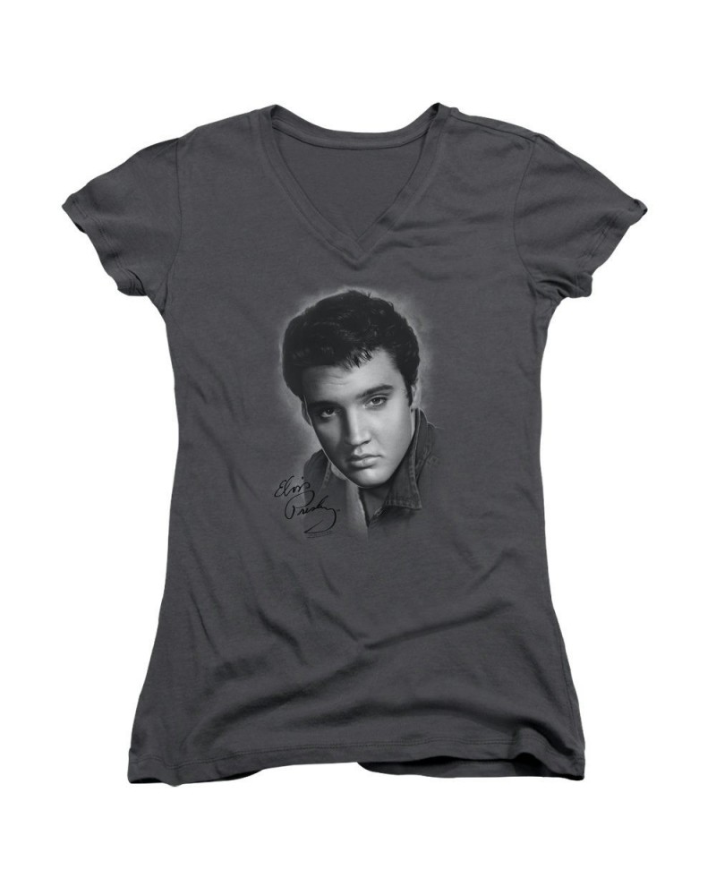 $5.94 Elvis Presley Junior's V-Neck Shirt | GREY PORTRAIT Junior's Tee Shirts