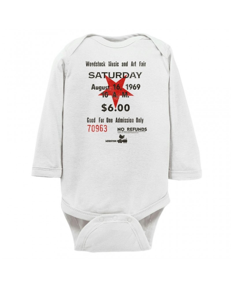 $9.86 Woodstock Long Sleeve Bodysuit | Music And Art Fair Ticket Stub Design Bodysuit Shirts